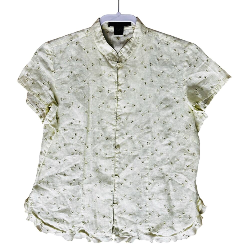 Lily Stanhope 100% Linen Eyelet Embroidered Floral Button Blouse Cottagecore